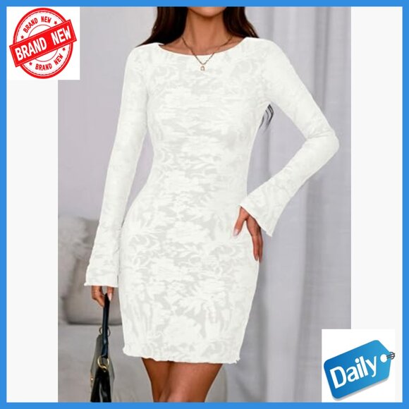 Mesh Bodycon Mini Dress Long Sleeve Floral Fall Party Date Night - Picture 3 of 7